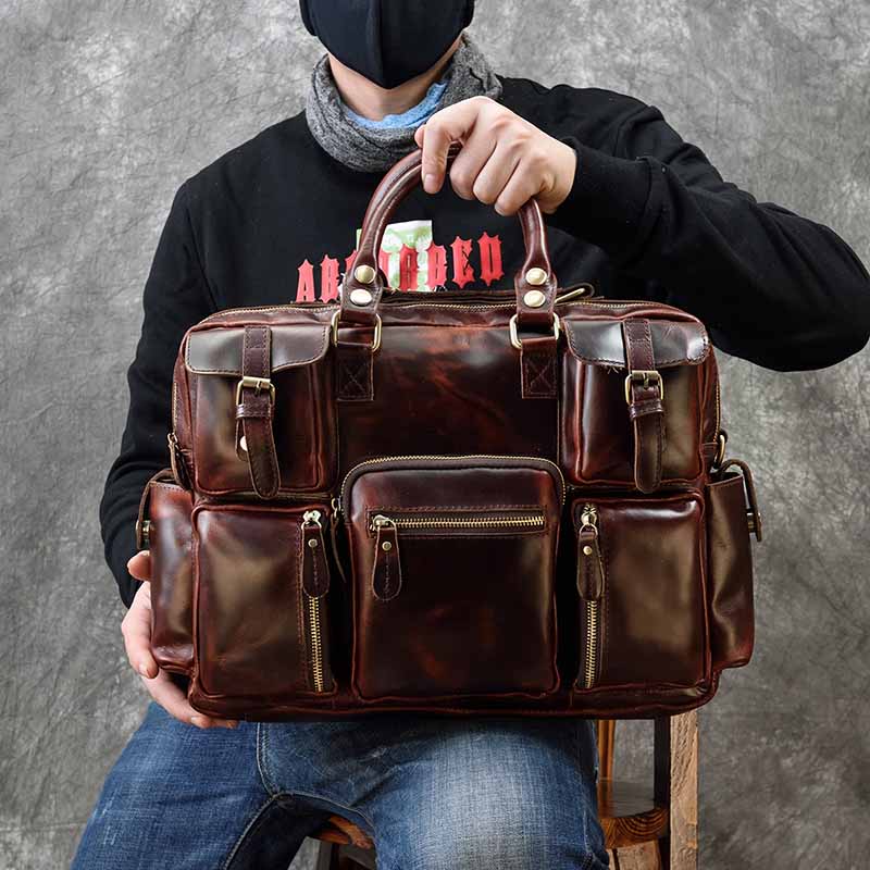 Leather Work Bag Laptop - 남성용 진짜 가죽 서류 가방, 적갈색