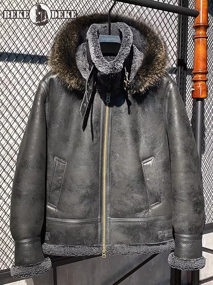 Leather Work Jacket With Hood - 남성용 겨울 따뜻한 울 안감 양가죽