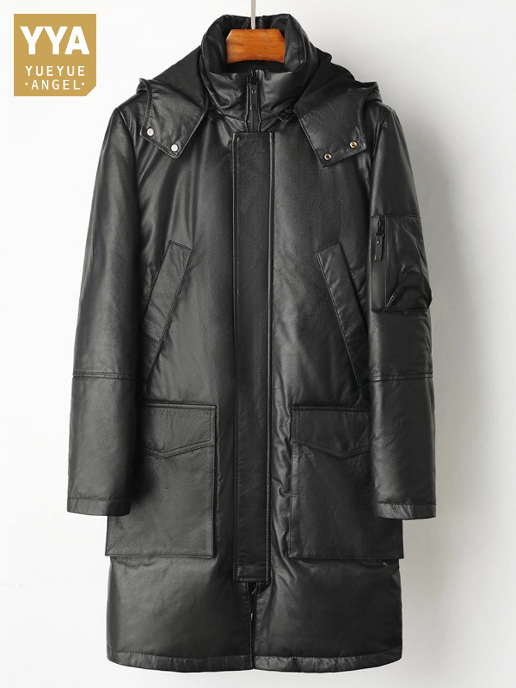 Leather Work Jacket With Hood - 겨울 남성용 따뜻한 소가죽 진짜 가죽