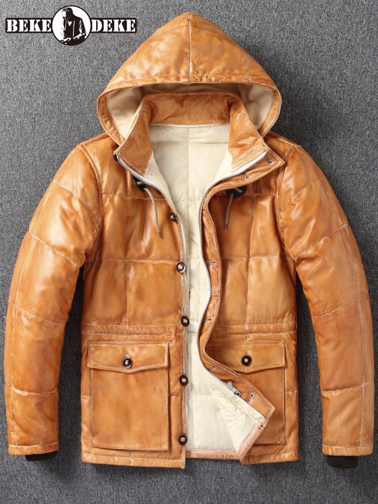 겨울 남성용 양가죽 천연 가죽 다운 재킷 두꺼운 따뜻한 - Leather Work Jacket With Hood 리뷰 및 가격